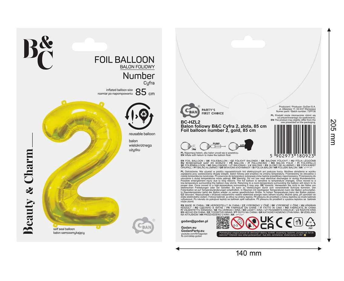 Balon foliowy B&C Cyfra 2, złota, 85 cm AA